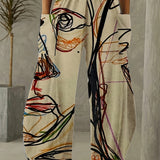 kkboxly  Women's Pants Casual Mid Waist Print Straight Wide Fashion Loose Pants