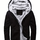 kkboxly  Solid Sherpa Lined Men's Hooded Jacket Casual Long Sleeve Hoodies With Zipper Gym Sports Hooded Coat For Winter Fall