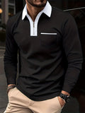 kkboxly Men's Casual Long Sleeves Zip Up Polo Shirts With Chest Pocket, Lapel Collar Tops Pullovers, Men's Clothing For Summer