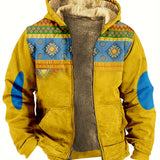 Ethnic Style Warm Fleece Hooded Jacket, Men's Casual Warm Thick Zip Up Hoodie For Fall Winter