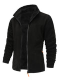 kkboxly  Men's Stylish Solid Fleece Jacket With Pockets, Casual Breathable Lapel Zip Up Long Sleeve Top For City Walk Street Hanging Outdoor Activities