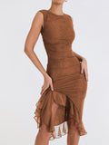 kkboxly  Backless Ruffle Hem Dress, Sexy Solid Bodycon Ruched Dress, Women's Clothing