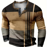 kkboxly  Vintage Color Block Men's Long Sleeve Round Neck Henley Shirt, Spring Fall Stretch Top