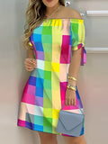 kkboxly  Color Block Off Shoulder Dress, Elegant Backless Short Sleeve Dress For Spring & Summer, Women's Clothing
