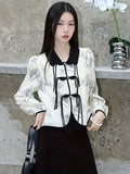 kkboxly  Fringe Button Front Floral Print Top, Stylish Chinese Vintage Long Sleeve Lapel Top For Spring & Fall, Women's Clothing