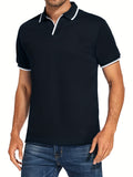 kkboxly  Men's Striped Cuffs Breathable Solid Color Golf Polo Shirt, Men's Casual Button Up Collar Pullover T-Shirt Short Sleeve For Summer, Men's Clothing