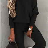 kkboxly Casual Solid Sports Two-piece Set, With Slanted Shoulder Long Sleeve Hoodies & Tied Striped Pants Set, Women's Clothing