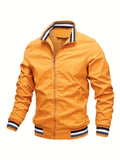 kkboxly  Plus Size Men's Trendy Casual Zipper Stand Collar Pocket Jacket, Solid Color Long Sleeve Stripe Pattern On The Bottom Coat Loose Oversized