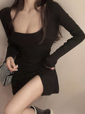 kkboxly  Solid Square Neck Dress, Casual Long Sleeve Split Bodycon Dress, Women's Clothing