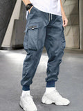kkboxly  Men's Letter Graphic Drawstring Waist Cargo Pants With Flap Pockets
