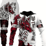 kkboxly  Plus Size Men's Wolf & Letters Graphic Print Sweatshirt & Sweatpants Set For Sports/outdoor/workout, Spring/autumn 2Pcs Tracksuit For Big & Tall Males, Men's Clothing