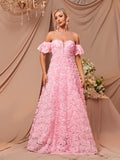 kkboxly  Sweetheart Neck Floral Dress, Puff Sleeve Off-shoulder Floor Length A-line Dress, Women's Clothing