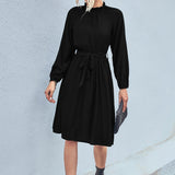 kkboxly  Women's Dresses Elegant Dress Pleated Frill Neck Flounce Long Sleeve Belted Dresses