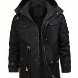 kkboxly  Warm Fleece Hooded Jacket, Men's Casual Multi Pocket Jacket Coat For Fall Winter