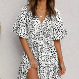 Kkboxly  Leopard Print Button Tiered Dress, Ruffle Hem V Neck Short Sleeve Layered Dress, Casual Every Day Dress, Women's Clothing
