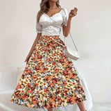 kkboxly  Boho Floral Print Tiered Skirts, Vacation High Waist Summer Layered Skirts, Women's Clothing