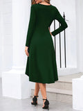 kkboxly  Ruched Solid Midi Dress, Elegant Crew Neck Long Sleeve Dress, Women's Clothing