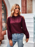 kkboxly  Solid Cold Shoulder Blouse, Elegant Ruffle Trim Long Sleeve Blouse, Women's Clothing