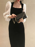 kkboxly  Color Block Lantern Sleeve Panel Dress, Chic Square Neck Split Hem Dress, Women's Clothing
