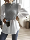 kkboxly  Twist Textured Knit Paneled Turtleneck Blouse, Casual Long Sleeve Blouse For Spring & Fall, Women's Clothing