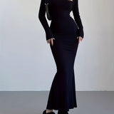 Solid Square Neck Dress, Elegant Long Sleeve Maxi Dress, Women's Clothing