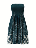 Kkboxly  Floral Print Off Shoulder Dress, Casual Shirred Pleated Midi Dress, Women's Clothing
