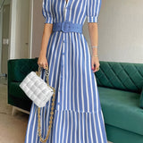 kkboxly  Elegant Striped Lace Up Long Dress, Short Sleeve V-neck Swing Belt Summer Long Dresses, Women's Clothing