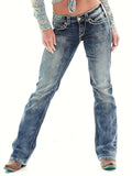 kkboxly  Ivory Top-stitching Mid Rise Boot Cut Jeans, Vintage Wash Zipper Button Closure Riding Denim Pants, Women's Denim Jeans & Clothing