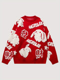 kkboxly  YWFG All Match Knitted Cute Rabbit & Wealth Chenille Embroidery Sweater, Men's Casual Warm Slightly Stretch Crew Neck Pullover Sweater For Men Fall Winter