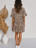 Kkboxly  Leopard Print Button Tiered Dress, Ruffle Hem V Neck Short Sleeve Layered Dress, Casual Every Day Dress, Women's Clothing