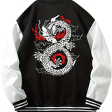 kkboxly  Mythic Creature Dragon Pattern Casual Lightweight Plush Varsity Jacket, Men's Jacket For Fall Winter Outdoor