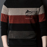 All Match Knitted Color Block Sweater, Men's Casual Warm High Stretch Crew Neck Pullover Sweater For Men Fall Winter