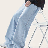 kkboxly  Wide Leg Cotton Jeans, Men's Casual Street Style Loose Fit Denim Pants For Spring Summer