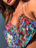 kkboxly  Colorful Sequined Halter Neck Top, Sexy Backless Hanky Hem Crop Club Top, Women's Clothing