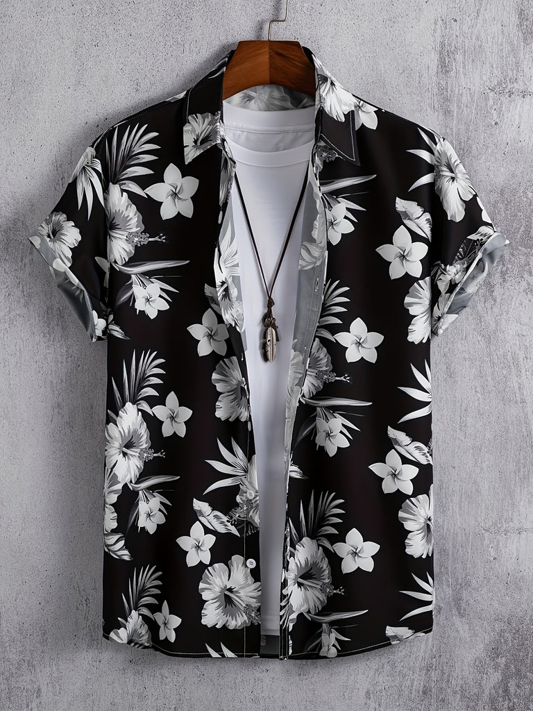 kkboxly  Men's Short Sleeve Casual Shirt With Trendy Flower Print