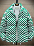 kkboxly  Men's Stylish Checkered Puffer Coat With Pockets, Casual Breathable Stand Collar Zip Up Long Sleeve Warm Top For City Walk Street Hanging Winter Outdoor Activities