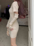kkboxly  Cut Out Bodycon Knit Dress, Chic Crew Neck Short Sleeve Mini Dress With Arm Sleeve, Women's Clothing