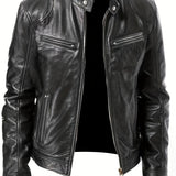 kkboxly  Men's Faux Leather Windbreaker Plain Zipper Stand Collar Long Sleeve PU Jacket For Motorcycle