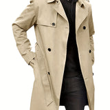 kkboxly  Plus Size Men's Trendy Windbreaker Double-breasted Belt Lapel Casual Slim Long Jacket  Coat