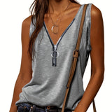 kkboxly  Casual V-neck Zipper Cami Top, Solid Fashion Sleeveless Loose Summer Fit Tank Top, Women's Clothing