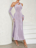 kkboxly kkboxly Sparkling One Shoulder Dress, Elegant A-line Dress With Arm Sleeve For Party & Banquet, Women's Clothing