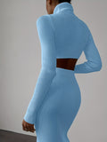 kkboxly  Ribbed Sexy Two-piece Set, Turtleneck Cropped Long Sleeve Tops & Split Skirts Outfits, Women's Clothing
