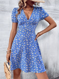 kkboxly  Ditsy Floral Print Dress, Sexy Short Sleeve V Neck Dress, Women's Clothing