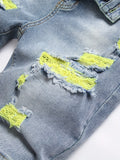 kkboxly  Yellow Green Ripped Denim Shorts, Men's Casual Street Style Distressed Mid Stretch Denim Shorts For Summer