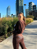 kkboxly  2pcs Casual Sports Outdoor Suits With Rhinestone Decor Hooded Zipper Jacket & Casual Pants, Women's Activewear