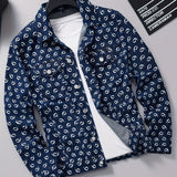 kkboxly  Trendy Printed Denim Jacket, Men's Casual Street Style Chest Pocket Jacket