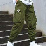 kkboxly  Plus Size Men's Drawstring Cargo Pants: Letters Print, Multi-Pocket Design, Perfect For Outdoor Activities