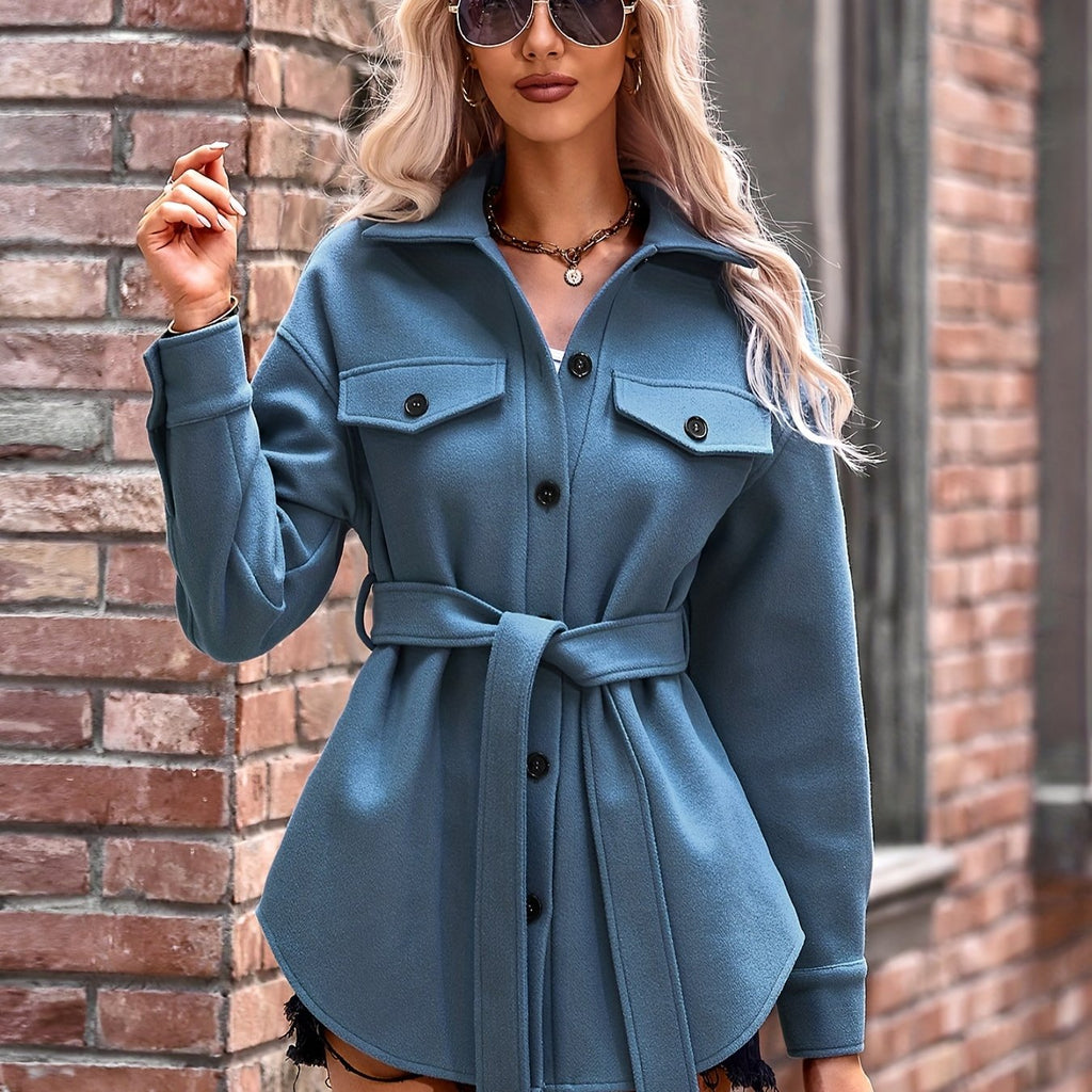 kkboxly  Plus Size Casual Winter Coat, Women's Plus Solid Woolen Button Up Long Sleeve Lapel Collar Round Hem Coat With Belt