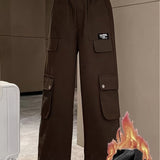 kkboxly  Girls' Thermal Warm Winter Wide-leg Cargo Pants, Casual Street Wear Straight Trousers With Multi-pockets