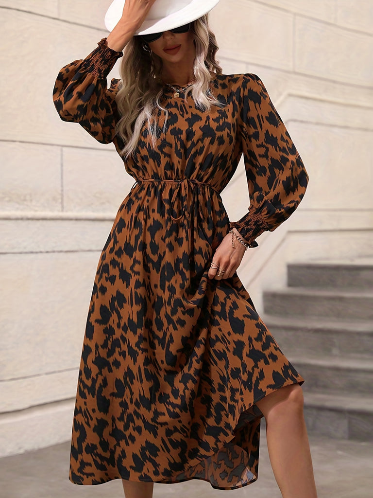 kkboxly  Leopard Print Crew Neck Dress, Elegant Long Sleeve Dress For Spring & Summer, Women's Clothing